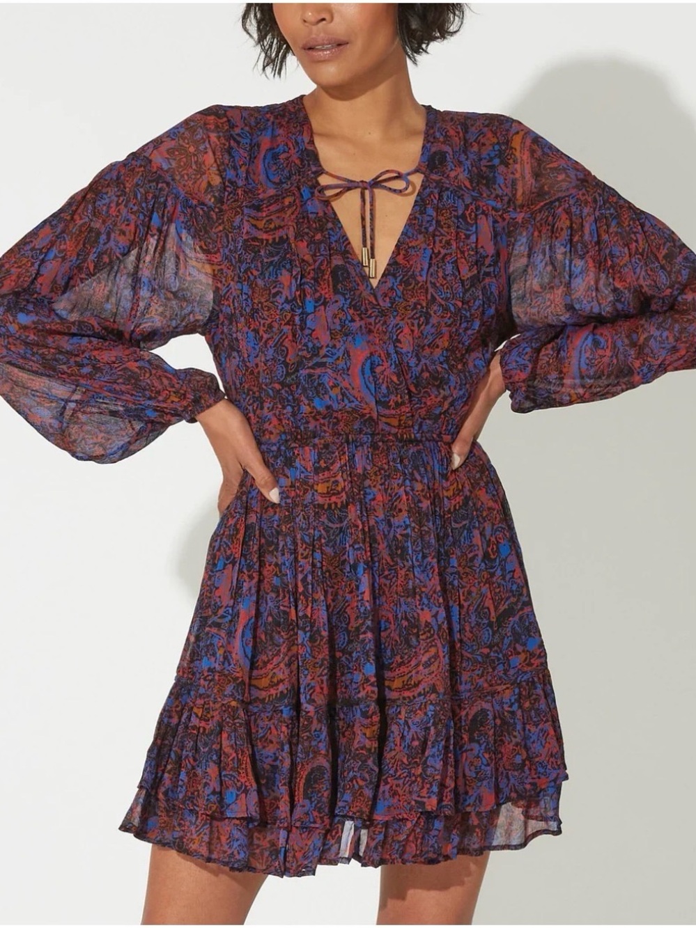 Cleobella Sheer Paisley Tie-Neck Mini Dress in Blue & Brown